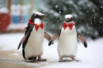 Fototapeta premium Penguins dressed in festive attire at a formal snowball.