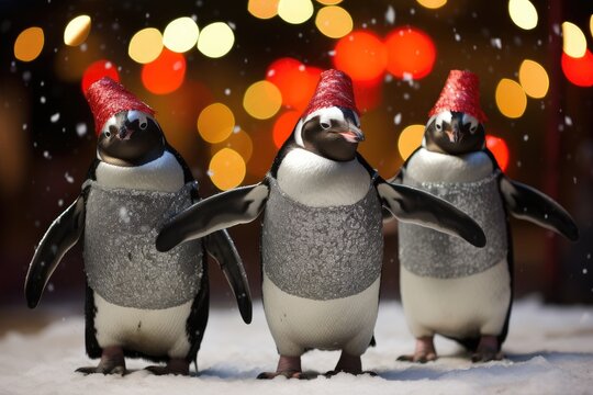 Penguins dressed in festive attire at a formal snowball.