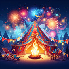 new year party celebration on the mountain with bonfire and tents, the sky is filled with sparks of fireworks