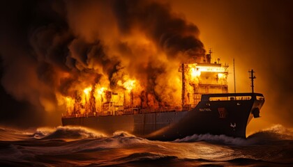 Burning cargo ship defying stormy ocean waves, highlighting the significance of safety precautions - obrazy, fototapety, plakaty