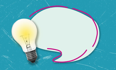 An art collage with a light bulb and a message bubble on a blue background.