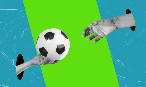 Contemporary artistic collage depicting a hand with a soccer ball.