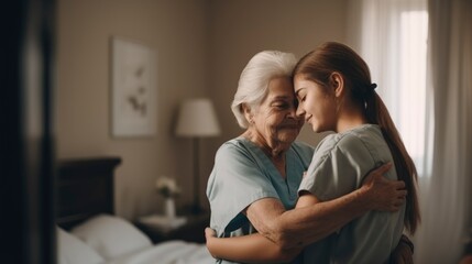 Two women embracing in a room. Elderly care concept. Generative ai