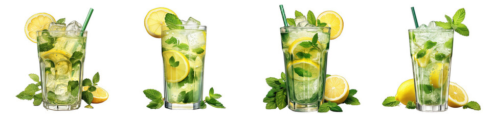 Lemonade mojito cocktail with lemon and mint Hyperrealistic Highly Detailed Isolated On Transparent Background Png File