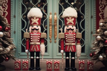 Nutcracker soldiers guarding the entrance to a gingerbread castle.
