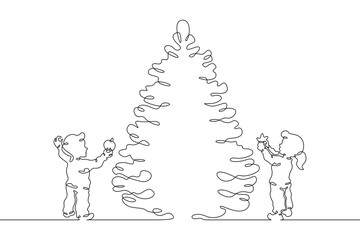 Children decorate the Christmas tree. Christmas tree. New Year. Christmas. Children with New Year's toys. Gifts under the tree.One continuous line drawing. Linear.Hand drawn, white background.One line