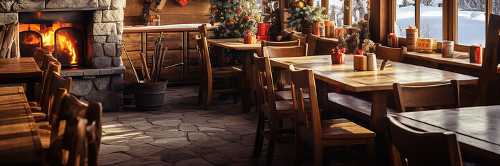 Christmas restaurant interior with fireplace and christmas tree, panoramic banner.        - obrazy, fototapety, plakaty