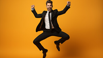 Fototapeta na wymiar Full length portrait of a happy young businessman jumping against yellow background.