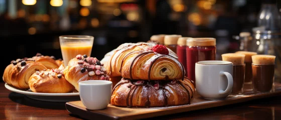 Gordijnen On the countertop, an enticing assortment of pastries is displayed, a visual feast for anyone with a sweet tooth. The aroma of freshly brewed coffee wafts through the air, completing the sensory exper © Spaceai