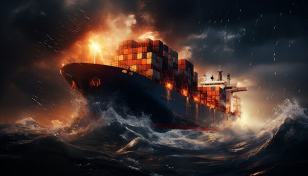 Inferno engulfed cargo ship braving stormy night sea, a potent representation of safety vigilance