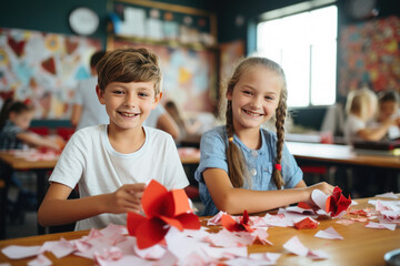 Smiling girl and boy making paper valentine decorations for party in school class