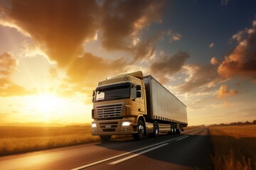 Scenic view of a white pickup truck driving on the winding highway against a breathtaking sunset sky