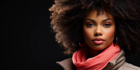Afroamerikanisches Model Gesicht in super modernen Designer Outfit mit fantastischen Makeup und grandioser Hipp Frisur im Afrolook Querformat, ai generativ