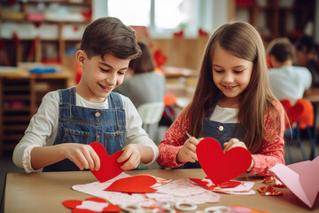 Fototapeta premium Smiling girl and boy making paper valentine decorations for party in school class