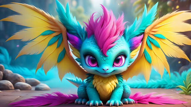 adorable and fluffy aqua baby dragon big color eyes