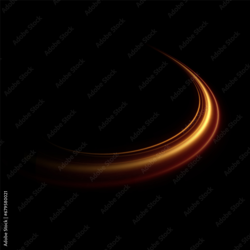 Aufkleber Golden glowing swirl. The effect of moving at the speed of light. Easy trail. Shiny wavy path. Vector.Neon light.	