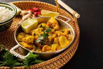 Chicken in curry sauce and rice on black background, Indian food