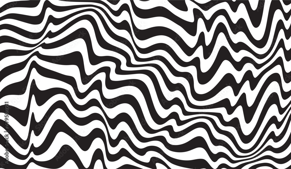 Poster Background with wavy lines. Twisted duo tone backgrounds. Abstract pattern from lines, halftone effect. Black and white texture. Minimalist design template for poster, banner, cover, postcard.	