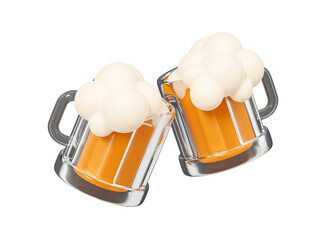 3D Toasting beer glasses. Oktoberfest beer festival. Two full mugs of alcohol with foam. Party celebration in pub. Drink emoji. Cartoon creative design icon isolated on white background. 3D Rendering