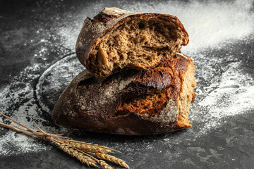 bread on a dark background. Menu, recipe mock up, banner. copy space for text. top view