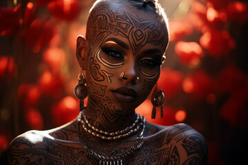 Face of a black woman adorned with intricate facial tattoos a blend of traditional and contemporary...