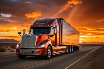 Scenic view of a white pickup truck driving on a winding highway during a breathtaking sunset