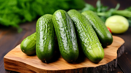 Fresh cucumbers on a wooden board close up. Green cucumber