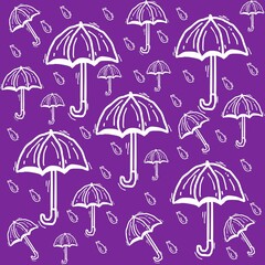 various umbrellas and blue rain drops on purple background