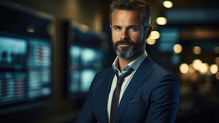 confident handsome businessman on the stock exchange, stylish man, guy, office, banker, work, financier, broker, investor, portrait, face, suit, financial sector, corporation, boss, director, manager