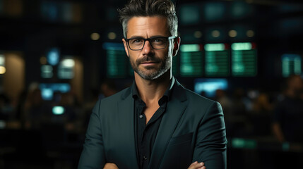 Obraz premium confident handsome businessman on the stock exchange, stylish man, guy, office, banker, work, financier, broker, investor, portrait, face, suit, financial sector, corporation, boss, director, manager