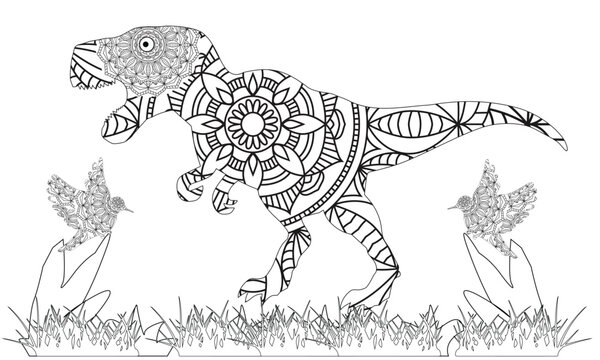 Dinosaur Mandala Coloring Pages. Zentangle style. Dinosaur black and white lines. Coloring book for adults vector illustration. Anti-stress coloring for adult. Zentangle style. Black and white lines.