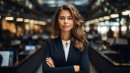 Fototapeta premium beautiful young business woman on the stock exchange, stylish girl, lady, office, banker, work, financier, broker, investor, portrait, face, suit, financial sector, corporation, boss, director, manage