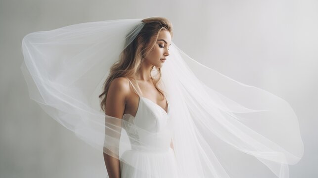 Generative image of a bride in a white gown against a white backdrop. The bride stands gracefully, her veil flowing delicately in the air