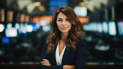 beautiful young business woman on the stock exchange, stylish girl, lady, office, banker, work, financier, broker, investor, portrait, face, suit, financial sector, corporation, boss, director, manage
