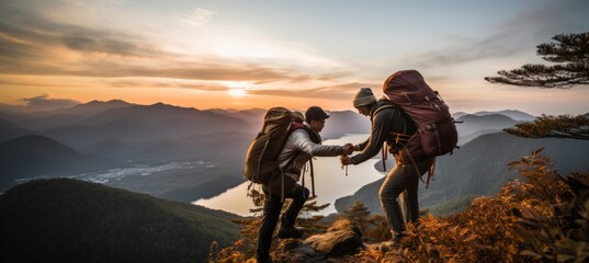 Asia couple helping each other hike up a mountain at sunrise   active fit lifestyle concept