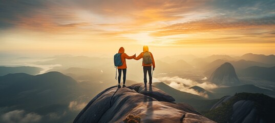 Active couple hiking up mountain at sunrise   nature adventure and friendship concept - obrazy, fototapety, plakaty