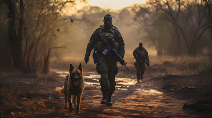 Anti-poaching unit with service dog in wildlife reserve