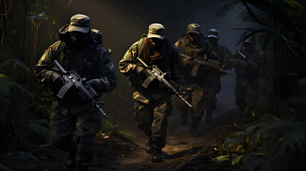 Fototapeta premium Military squad patrolling in dark jungle