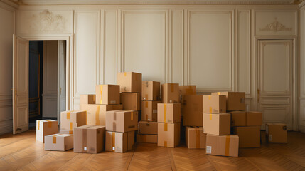 Une pièce vide d'un appartement haussmannien avec des carton de déménagement. 