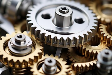 Close up of shiny silver metallic engine gear wheels submerged in oil on industrial background