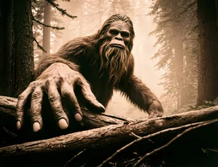 Foto op Canvas A Bigfoot standing in the middle of a forest with a hand on the log in a picture style 19th century. © Frameworld