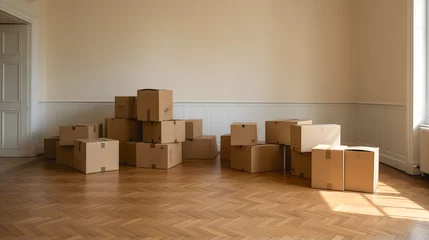 Foto op Canvas Une pile de cartons de déménagement dans une pièce vide avec un plancher en parquet chevron et un rayon de soleil. © Gautierbzh