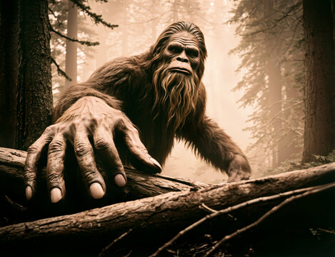 A Bigfoot standing in the middle of a forest with a hand on the log in a picture style 19th century.