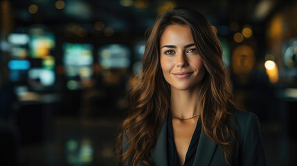 Obraz premium beautiful young business woman on the stock exchange, stylish girl, lady, office, banker, work, financier, broker, investor, portrait, face, suit, financial sector, corporation, boss, director, manage