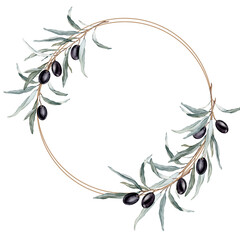 Watercolor round wreath with green olive berries and leaves.. Design for menu, greeting card. Hand painted floral border with olive fruit and tree branches with leaves isolatedon white background.