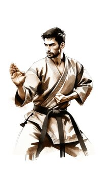 Generative AI image of a color sketch of a Middle-Eastern karate man, showcasing a black belt in karate