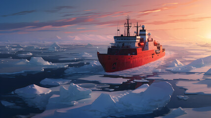 Icebreaker ship in Arctic ice fields