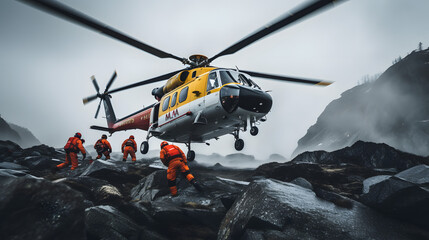 Mountain rescuer saving climbers via helicopter
