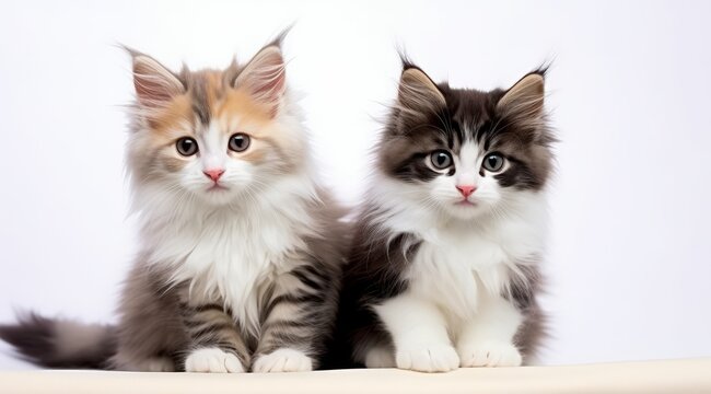 Generative AI image of a two furry kittens are sitting in front of white backdrop, in the style of minimalist imagery, white and brown