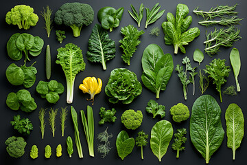 Lebensmittel
 knolling. Gesunde natürliche Bio-Lebensmittel. Frisches grünes Gemüse. 
 knolling Zusammensetzung. Flat Lay Ansicht von Lebensmitteln - obrazy, fototapety, plakaty